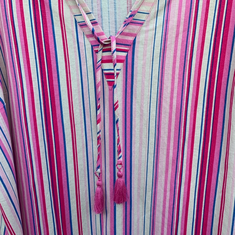 Striped Pink Blue and White Sleeveless Top Tassel Boho Size XL